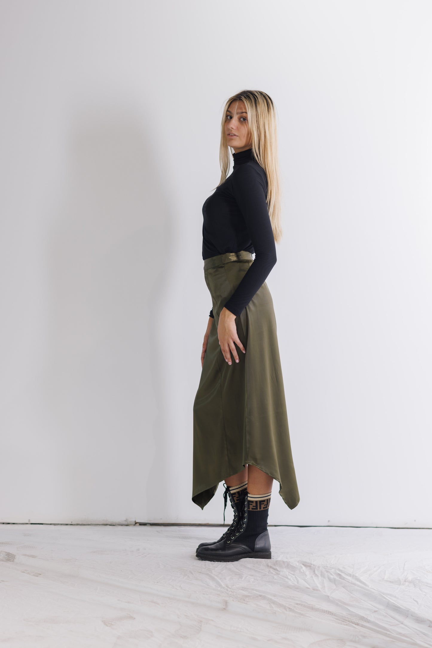 GREEN SATIN SKIRT