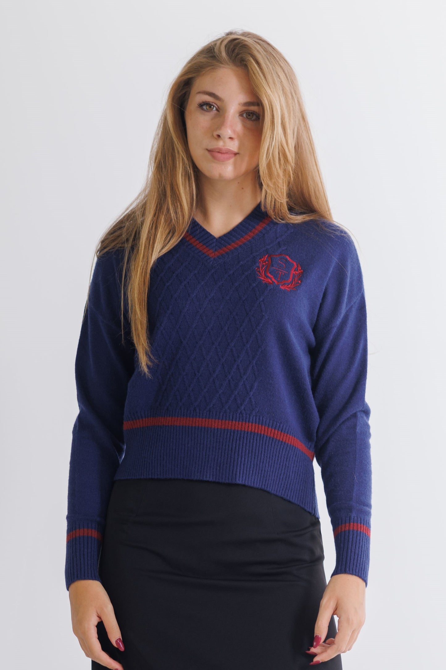 PREPPY VNECK CRESTED SWEATER IN 3 COLORS