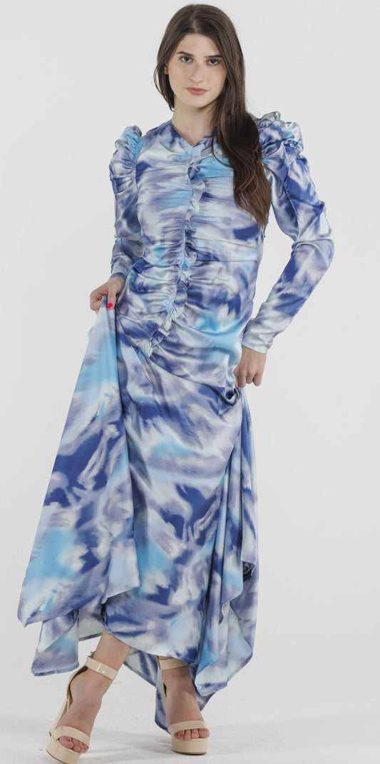BLUE PRINTED MIDI DRESS WITH RUCHED DETAIL