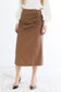 BROWN GATHERED MIDI LEATHER SKIRT