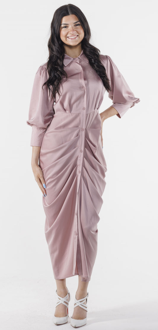 MAUVE BUTTON DOWN MIDI DRESS WITH RUCHED DETAIL