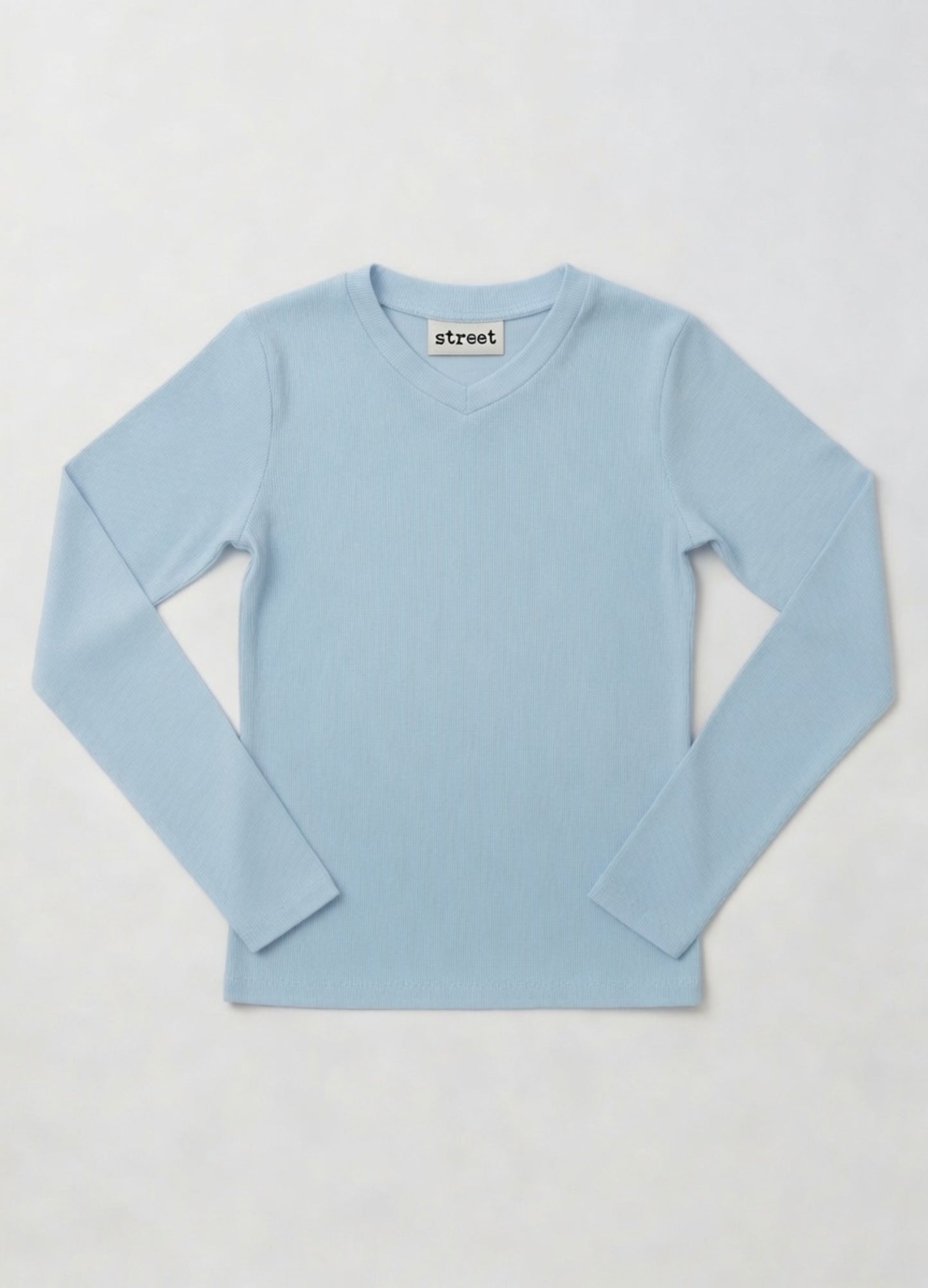 MICRORIBBED V-NECK LONG SLEEVES - BABY BLUE