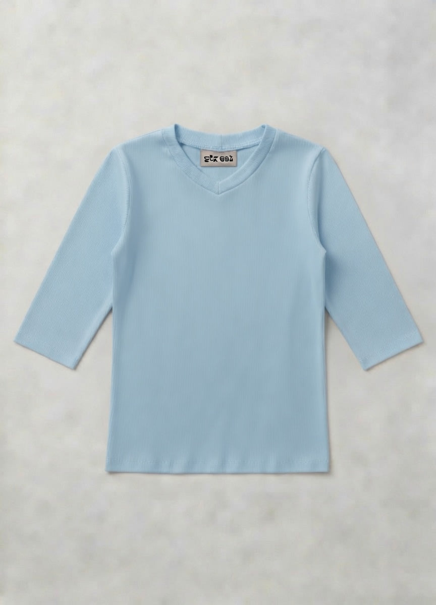 MICRORIBBED V-NECK 3/4 SLEEVES - BABY BLUE
