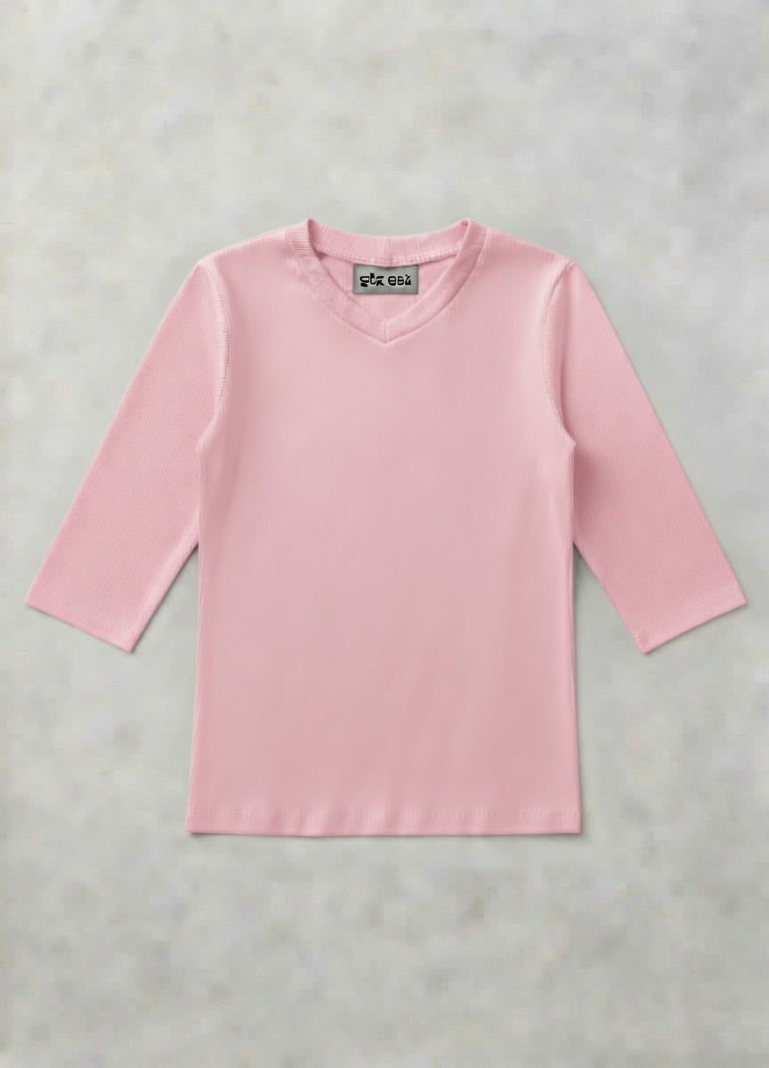MICRORIBBED V-NECK 3/4 SLEEVES - BABY PINK