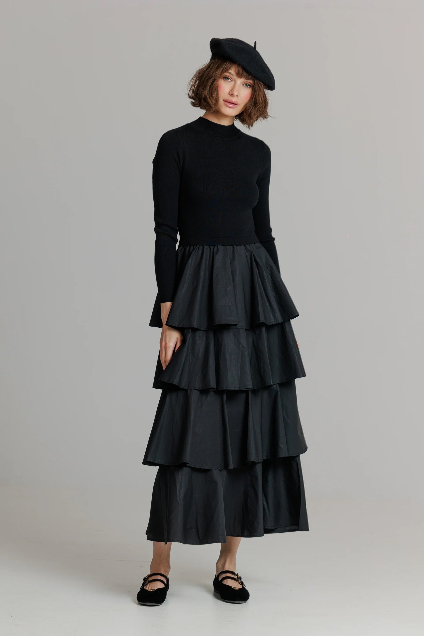 BLACK KNIT LAYERED MAXI