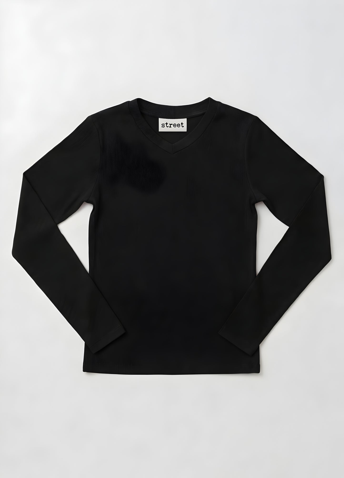 MICRORIBBED V-NECK LONG SLEEVES - BLACK