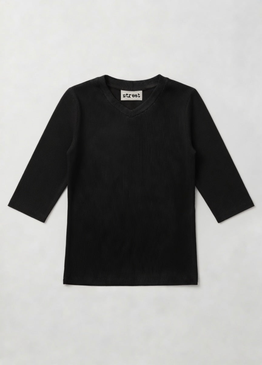 MICRORIBBED V-NECK 3/4 SLEEVES - BLACK