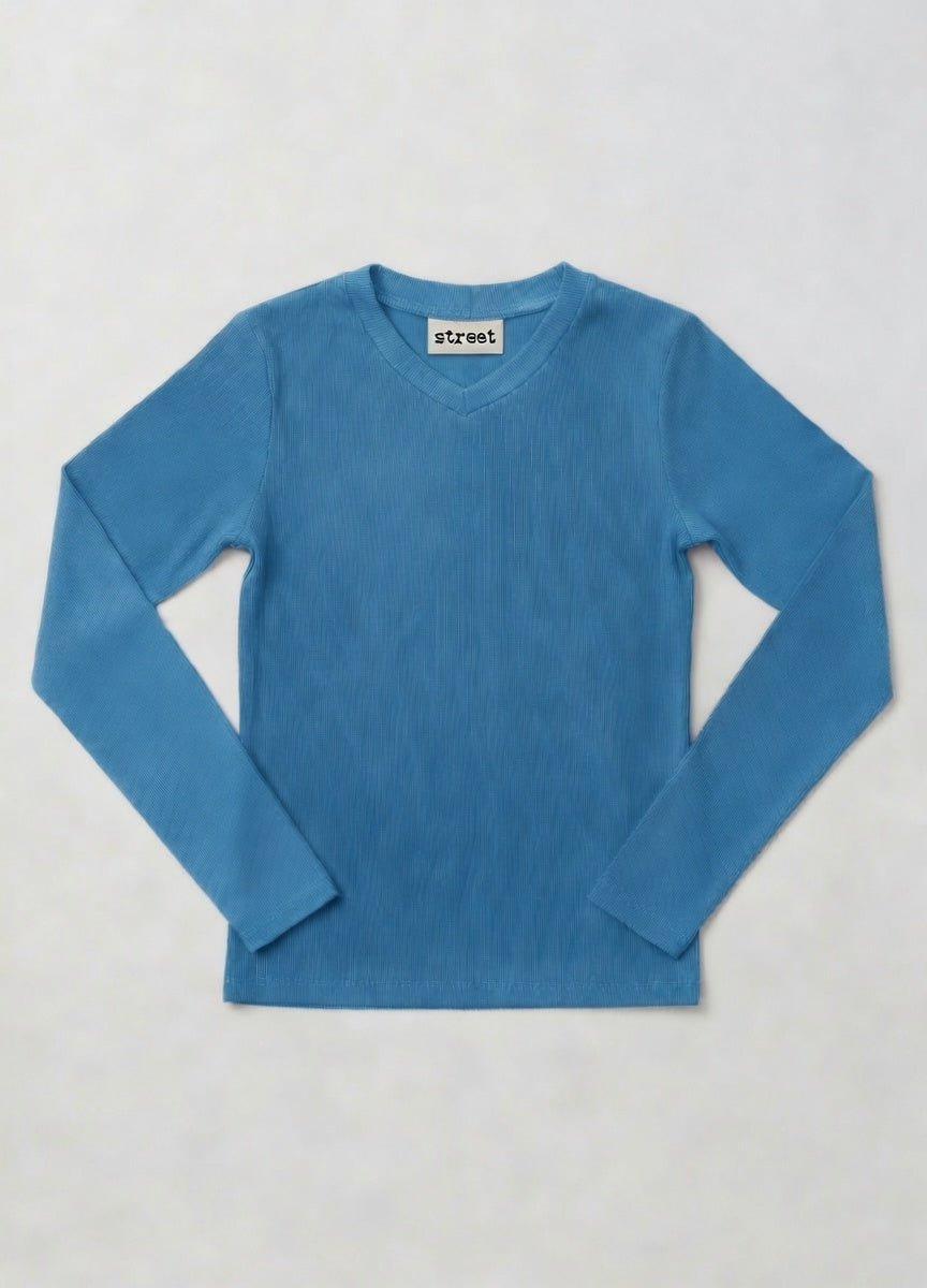 MICRORIBBED V-NECK LONG SLEEVES - BLUE