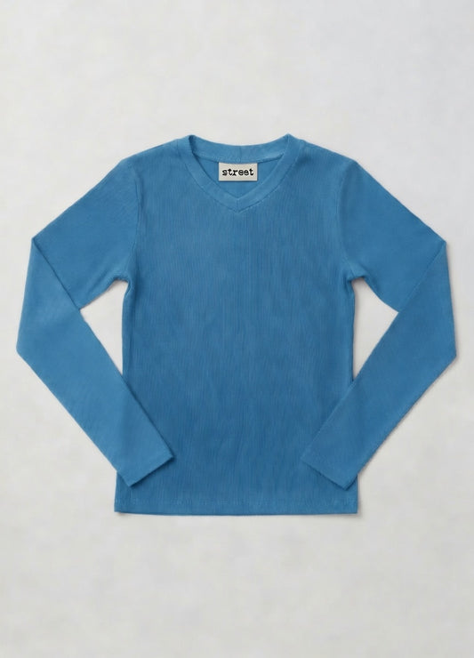 MICRORIBBED V-NECK LONG SLEEVES - BLUE