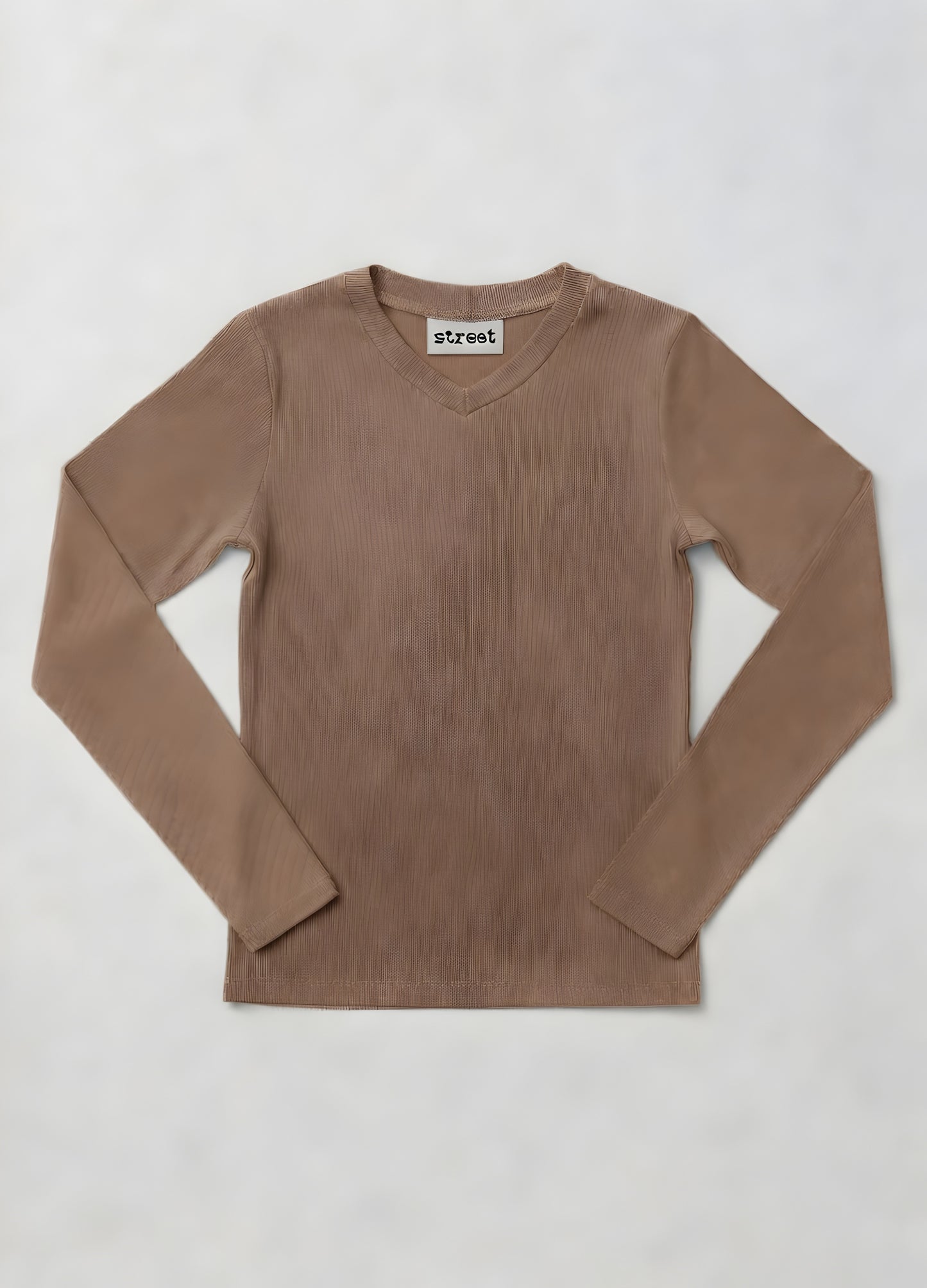 MICRORIBBED V-NECK LONG SLEEVES - BROWN