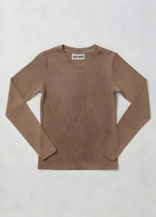 MICRORIBBED V-NECK LONG SLEEVES - BROWN