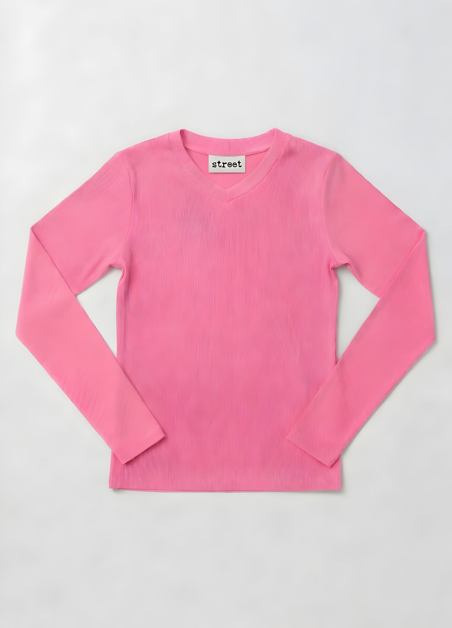 MICRORIBBED V-NECK LONG SLEEVES - BUBBLEGUM