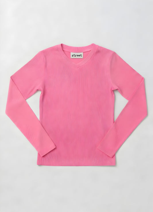MICRORIBBED V-NECK LONG SLEEVES - BUBBLEGUM