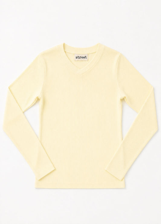 MICRORIBBED V-NECK LONG SLEEVES -  BUTTER
