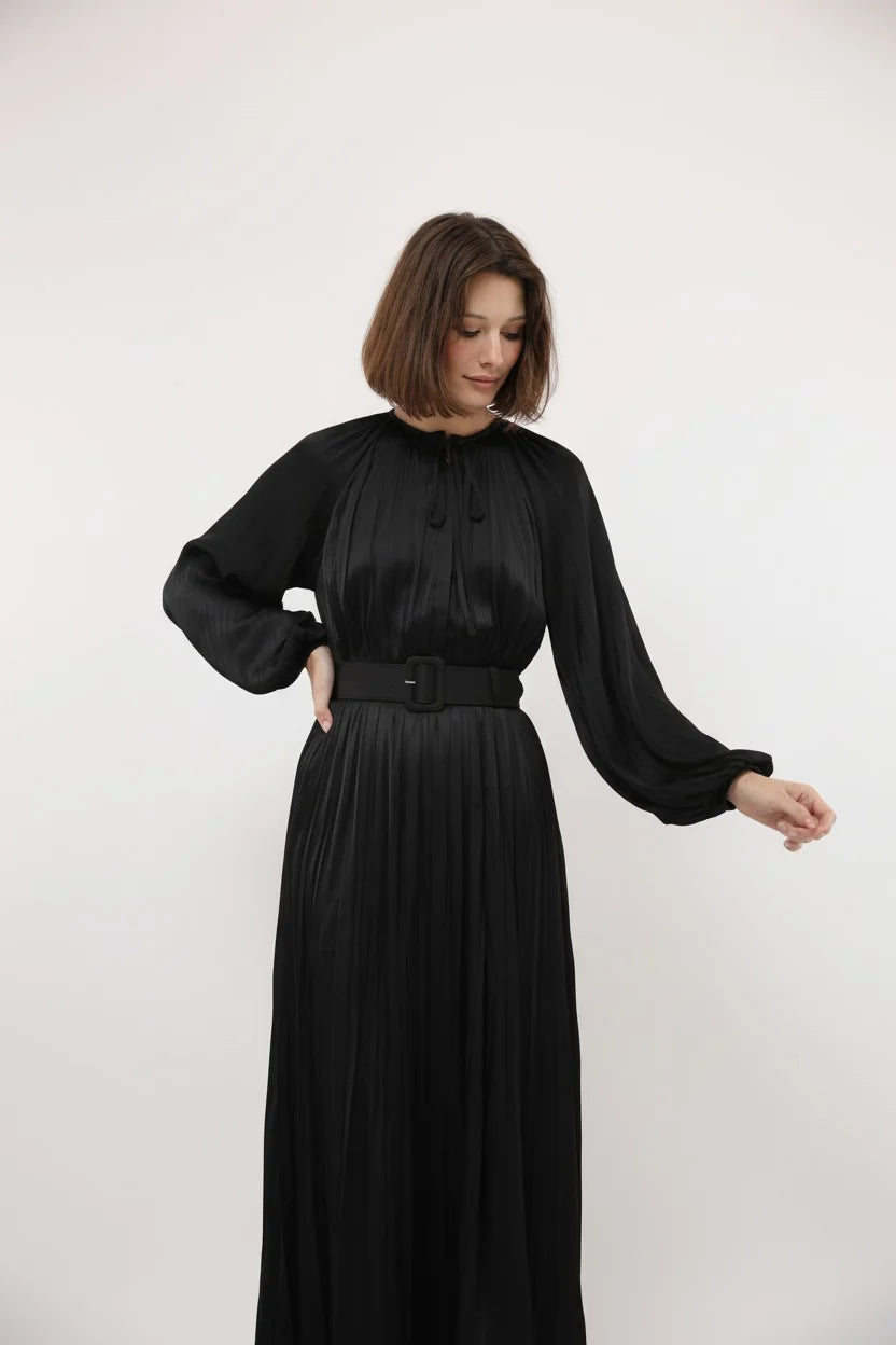 BLACK BETTY SATIN PLEATED DRESS