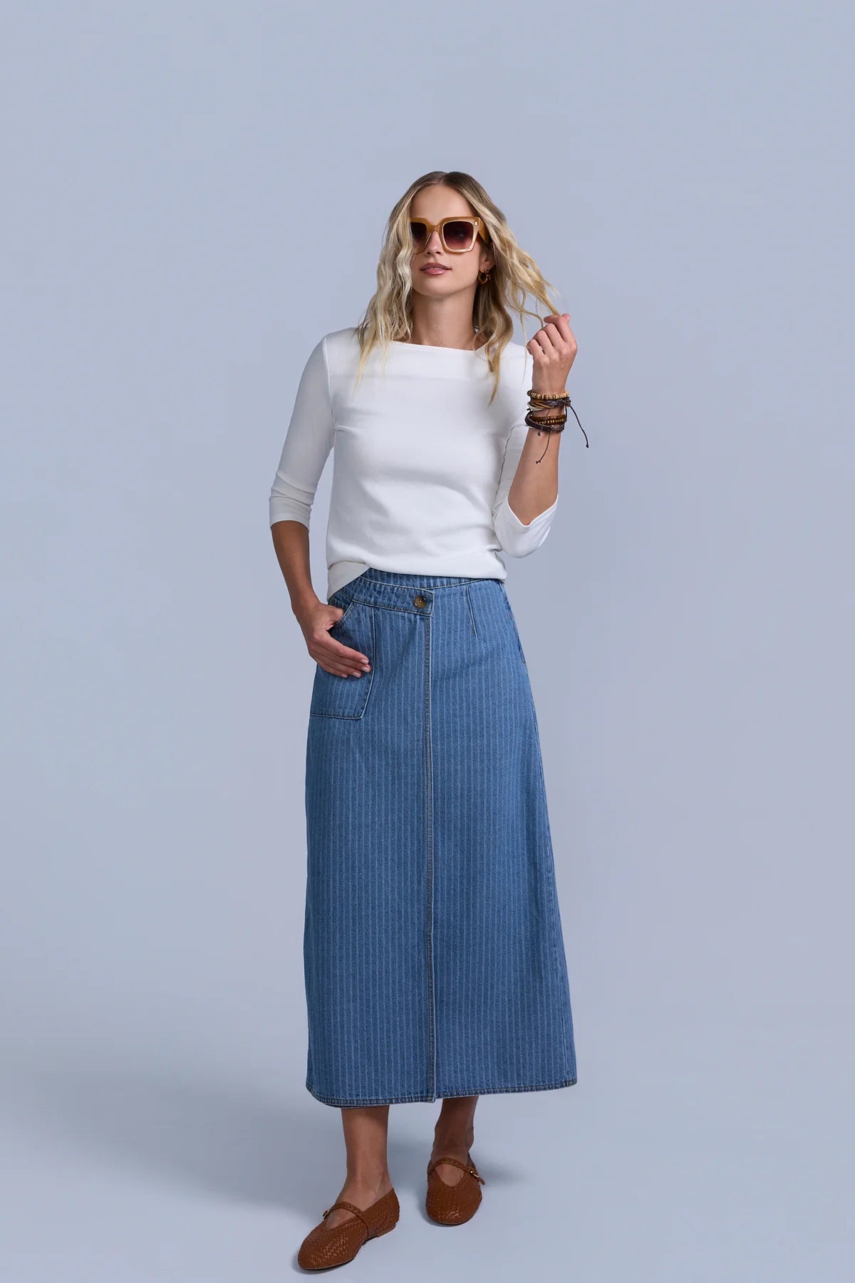 PINSTRIPE WRAP DENIM SKIRT