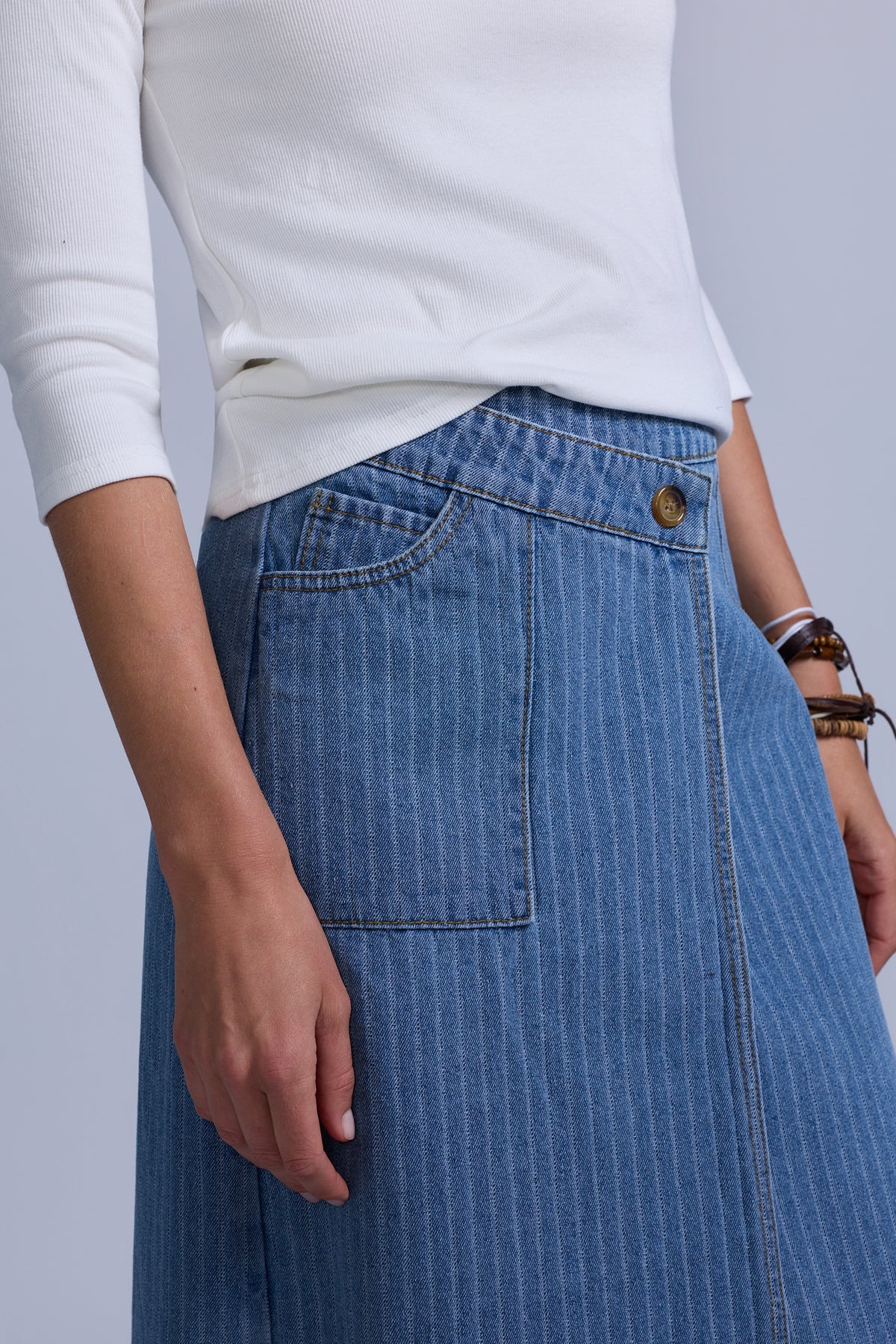 PINSTRIPE WRAP DENIM SKIRT