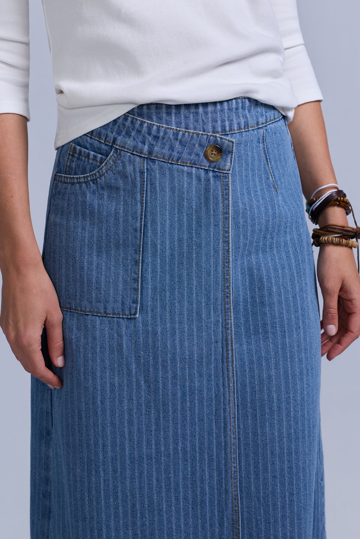 PINSTRIPE WRAP DENIM SKIRT