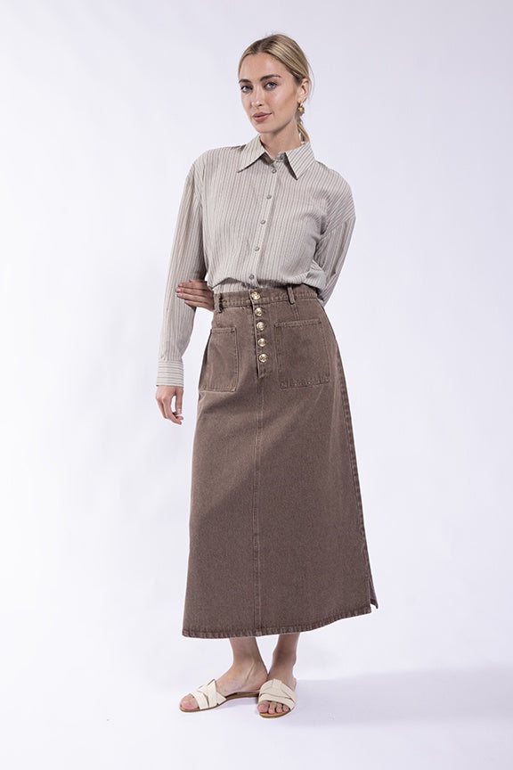 BROWN BUTTON FLY TWILL SKIRT