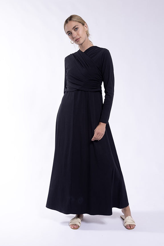 BLACK CROSSOVER JERSEY DRESS