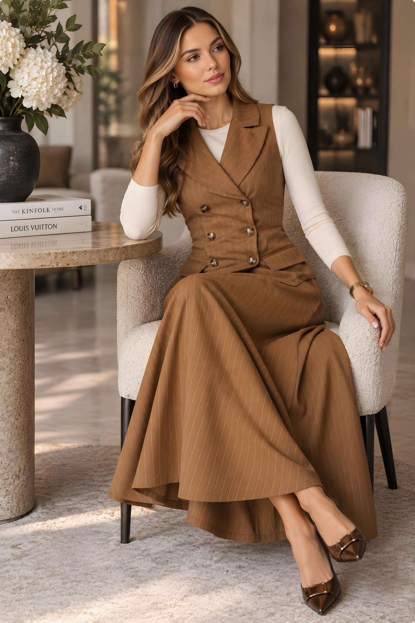WIDE PINSTRIPE VEST/SKIRT LOOK DRESS