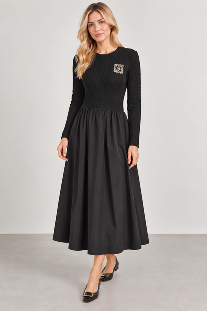 LOGO EMBROIDERED MIXED MEDIA KNIT DRESS AVAILABLE IN 2 COLORS