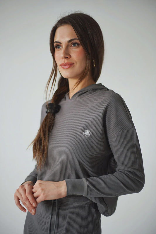 GREY RIBBED HOODIE
