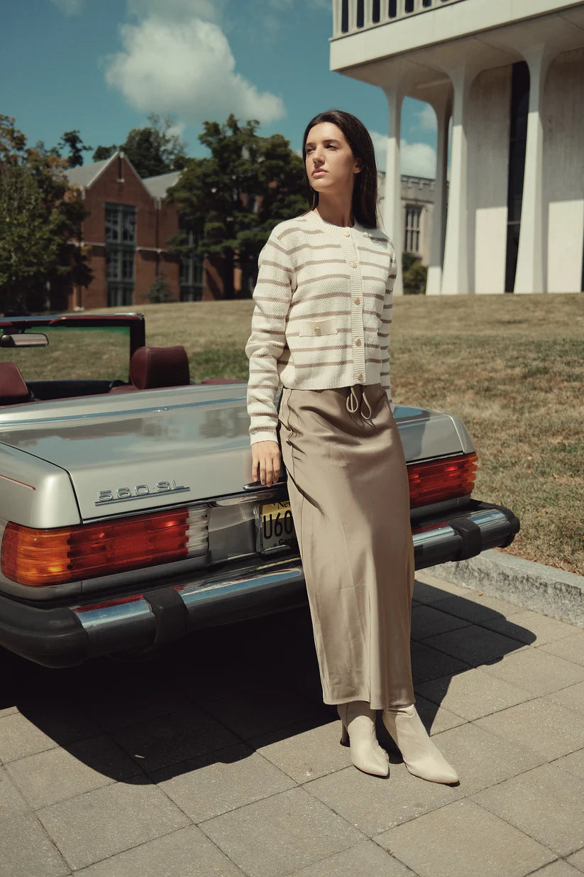 TAN STRIPE CARDIGAN WITH GOLD BUTTONS