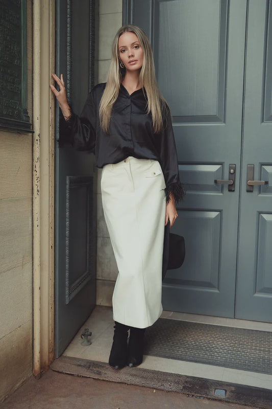 CREAM STRAIGHT WOOL SKIRT