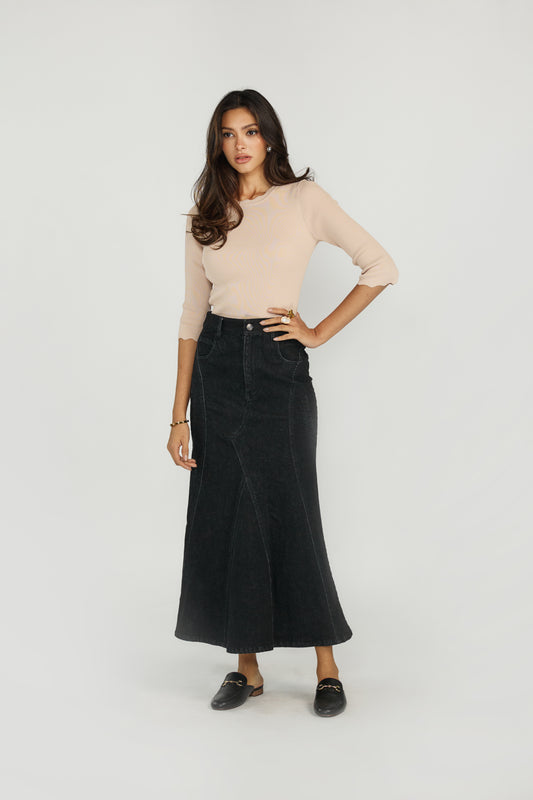DENIM WASH TAILORED FLARE SKIRT