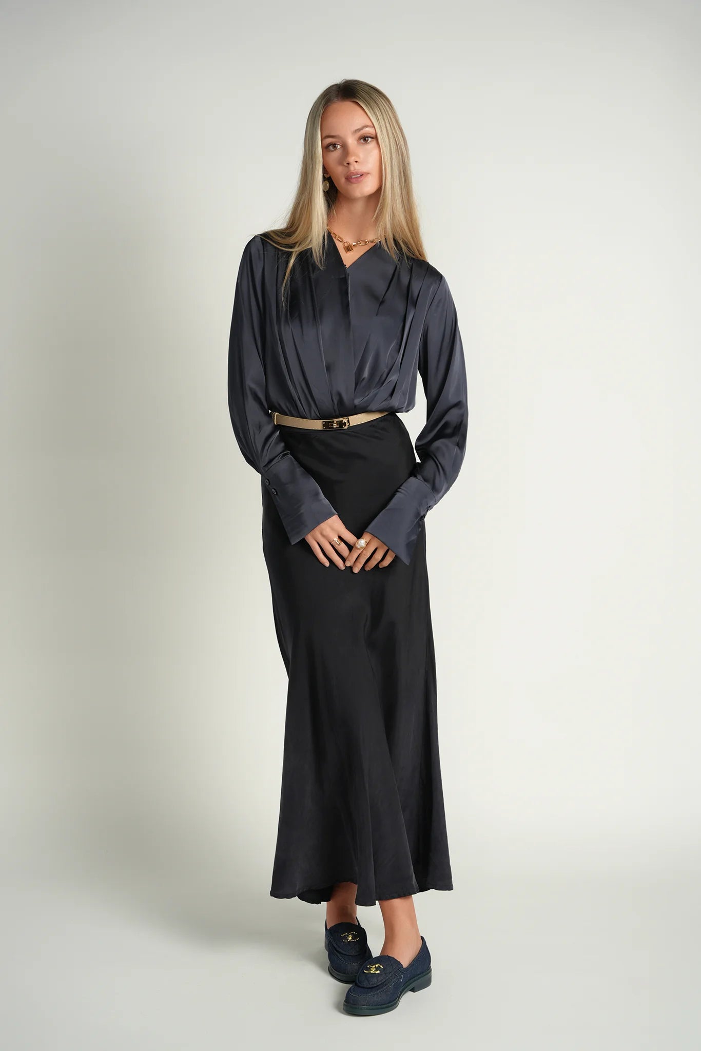 NAVY DRAPE BODYSUIT
