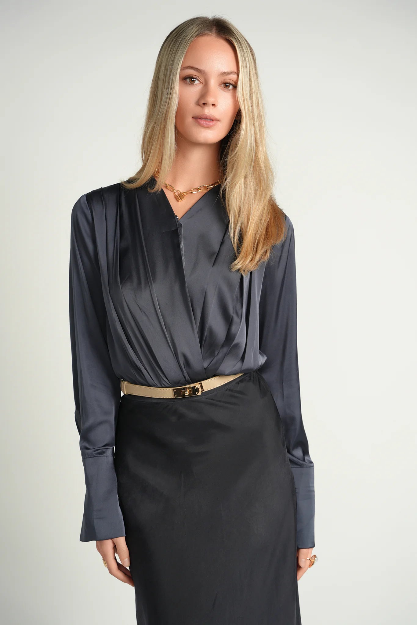 NAVY DRAPE BODYSUIT