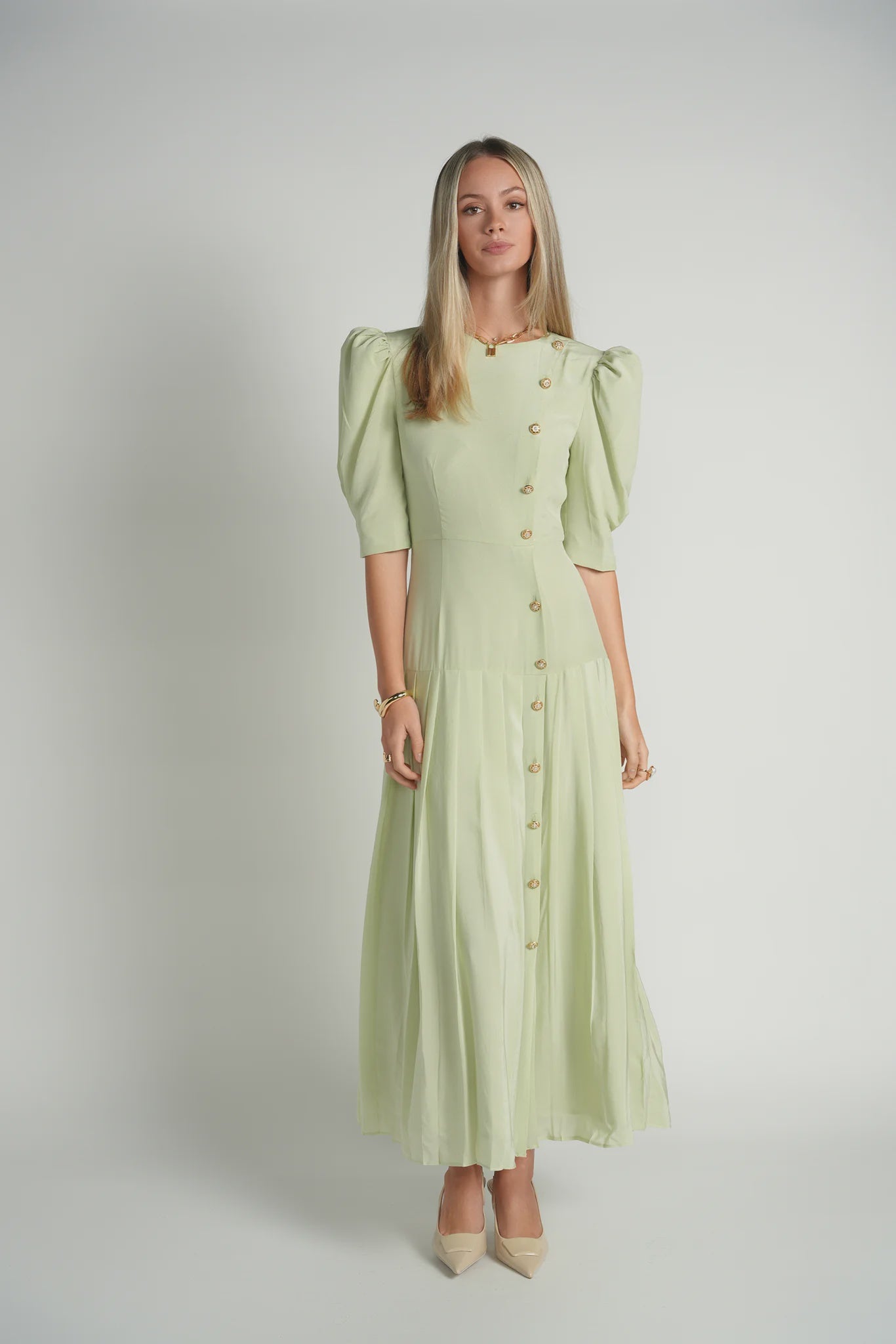 SAGE SILK A-LINE PLEATED DRESS