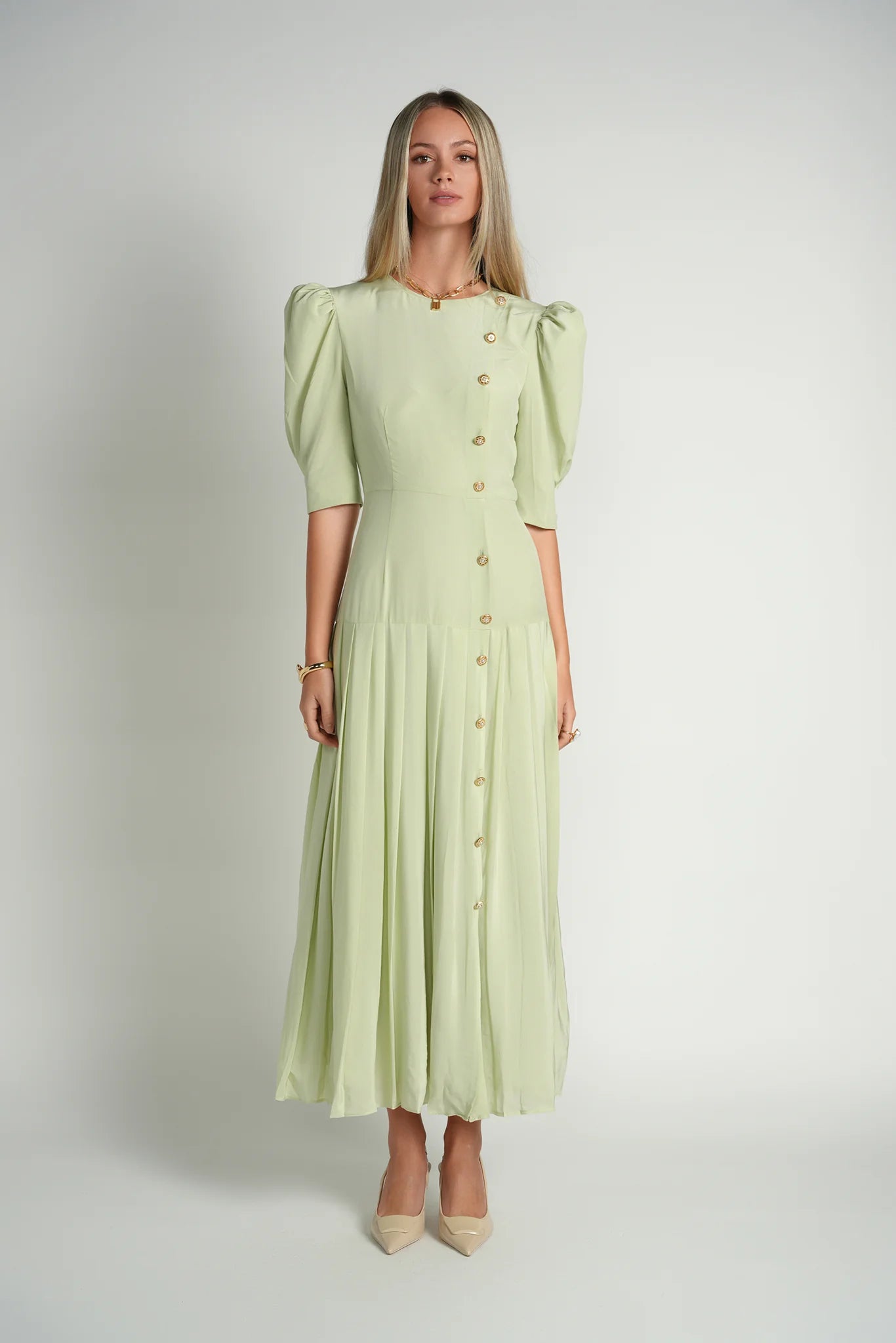SAGE SILK A-LINE PLEATED DRESS