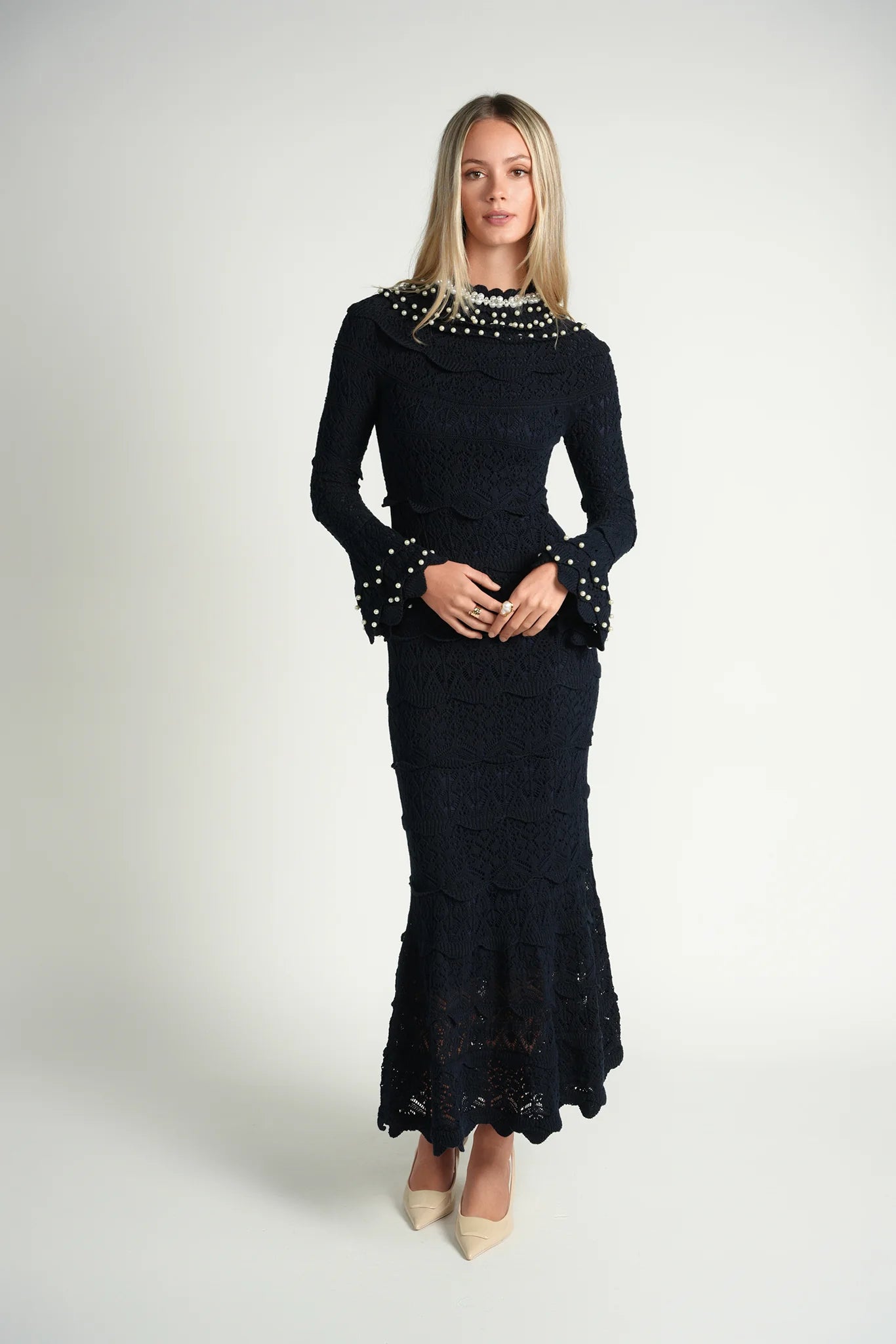 PEARL KNIT MIDI DRESS ~ NAVY