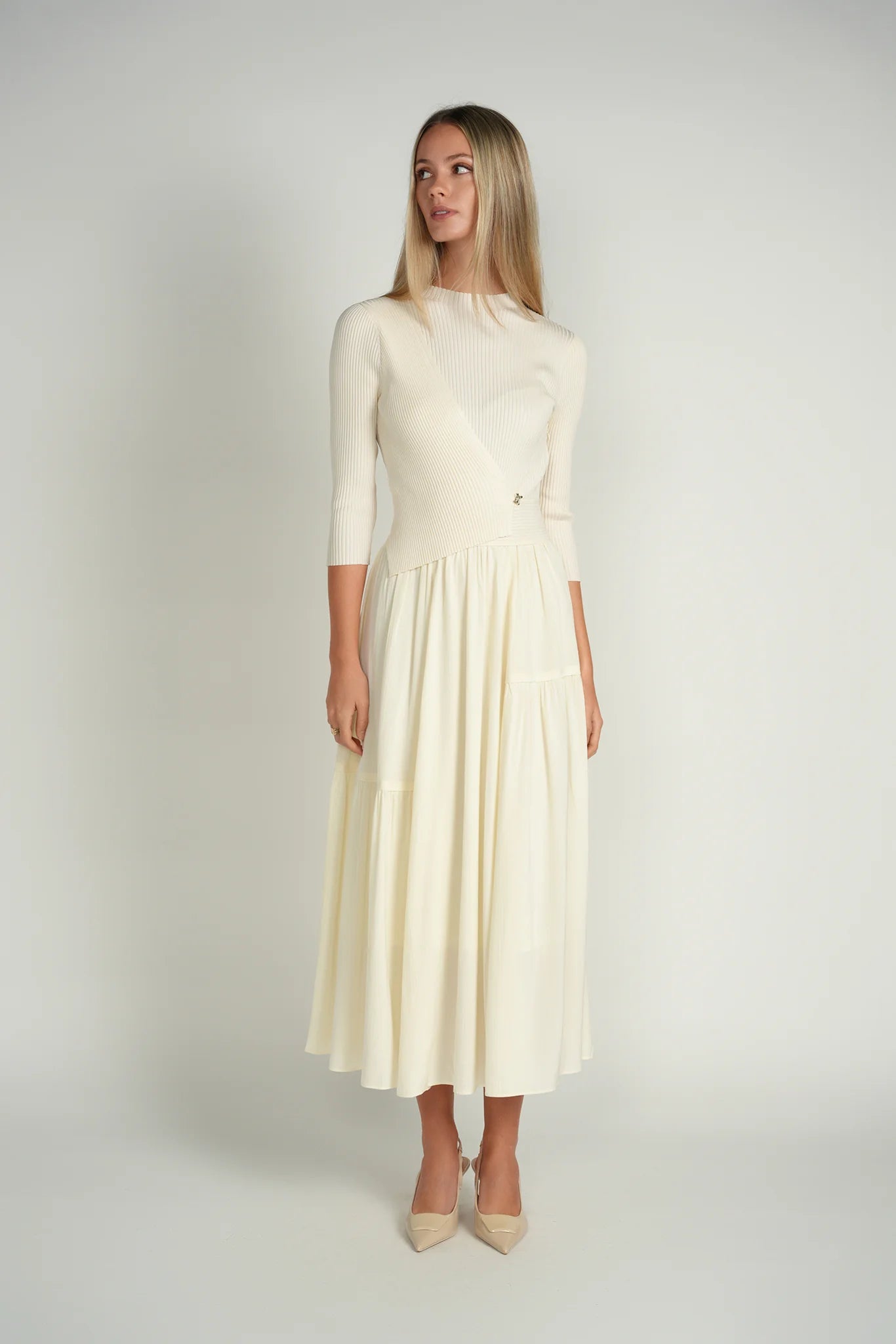IVORY CONTRAST KNIT MIDI DRESS