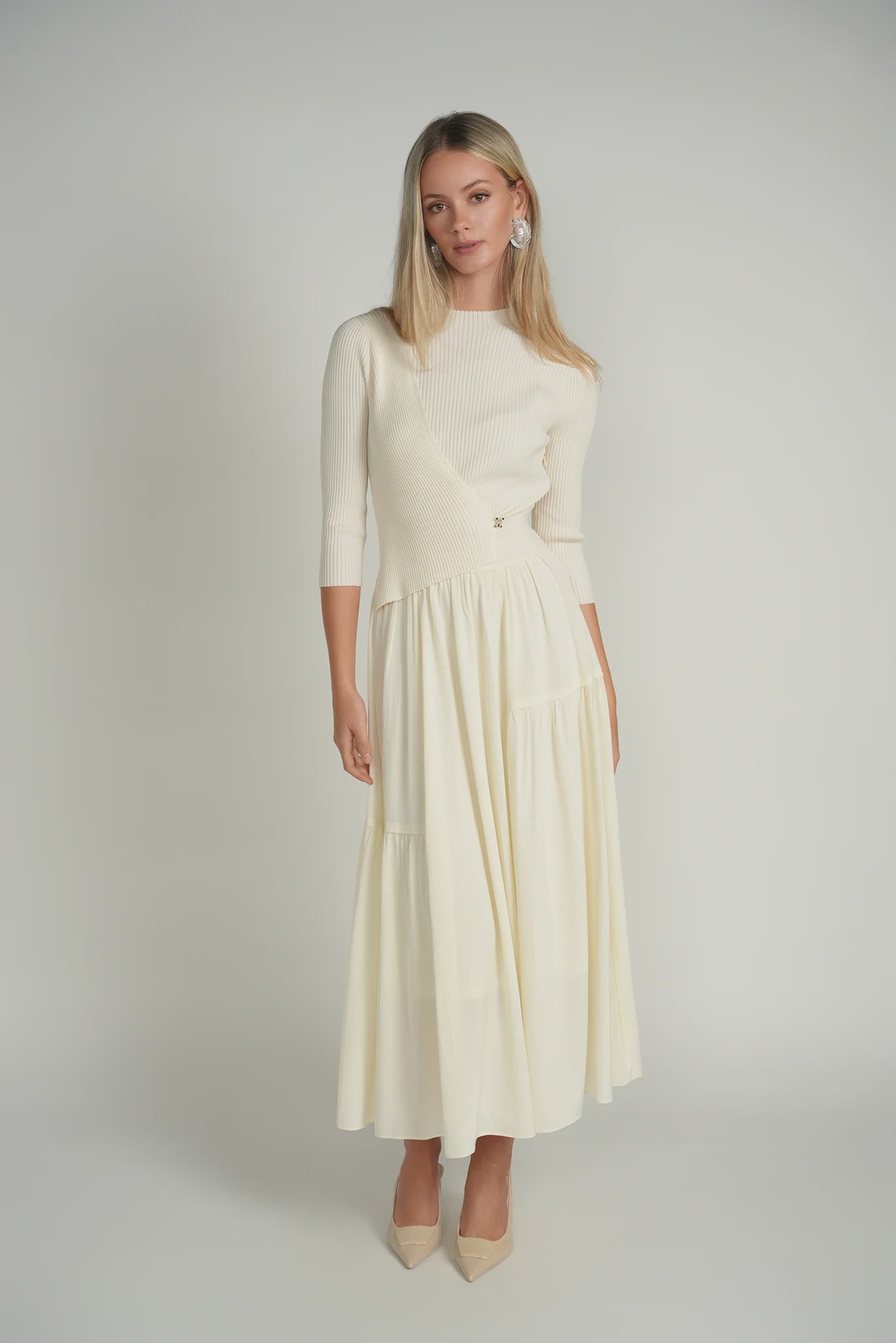 IVORY CONTRAST KNIT MIDI DRESS