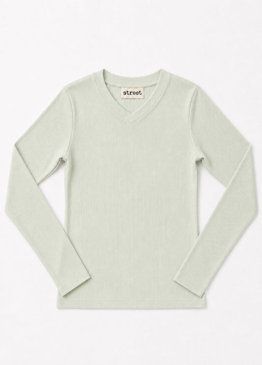 MICRORIBBED V-NECK LONG SLEEVES - FERN