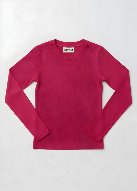 MICRORIBBED V-NECK LONG SLEEVES - FUSCIA