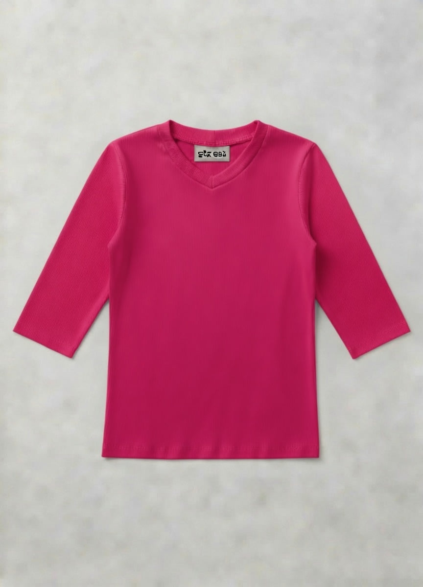 MICRORIBBED V-NECK 3/4 SLEEVES - FUSCIA