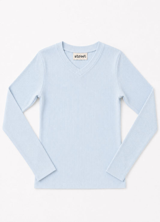 MICRORIBBED V-NECK LONG SLEEVES - GLACIER