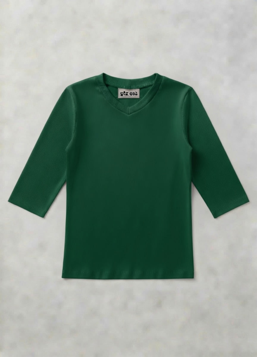 MICRORIBBED V-NECK 3/4 SLEEVES - GREEN