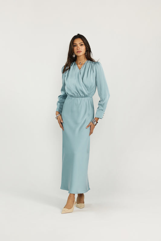 SKY BLUE SILK DRAPE DRESS