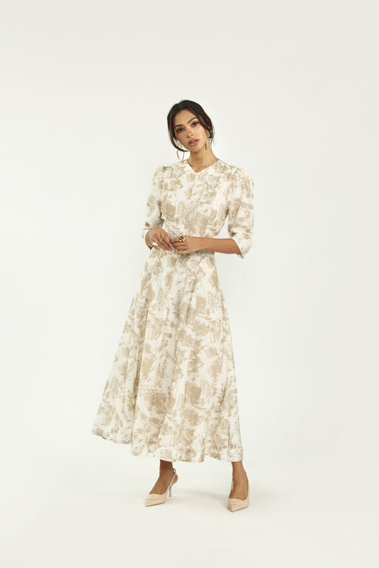 CREAM AND TAN LINEN PRINTED PANEL BELTED MAXI DRESS