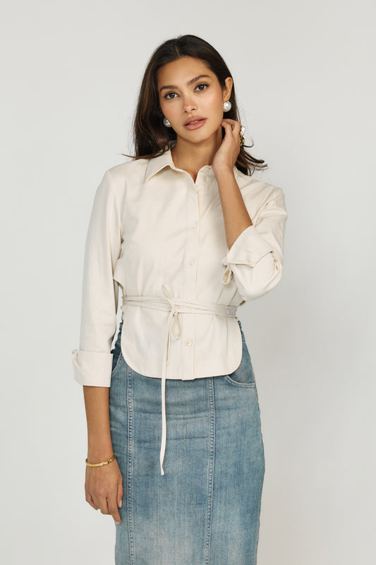 TAN HI-LO BELTED BLOUSE