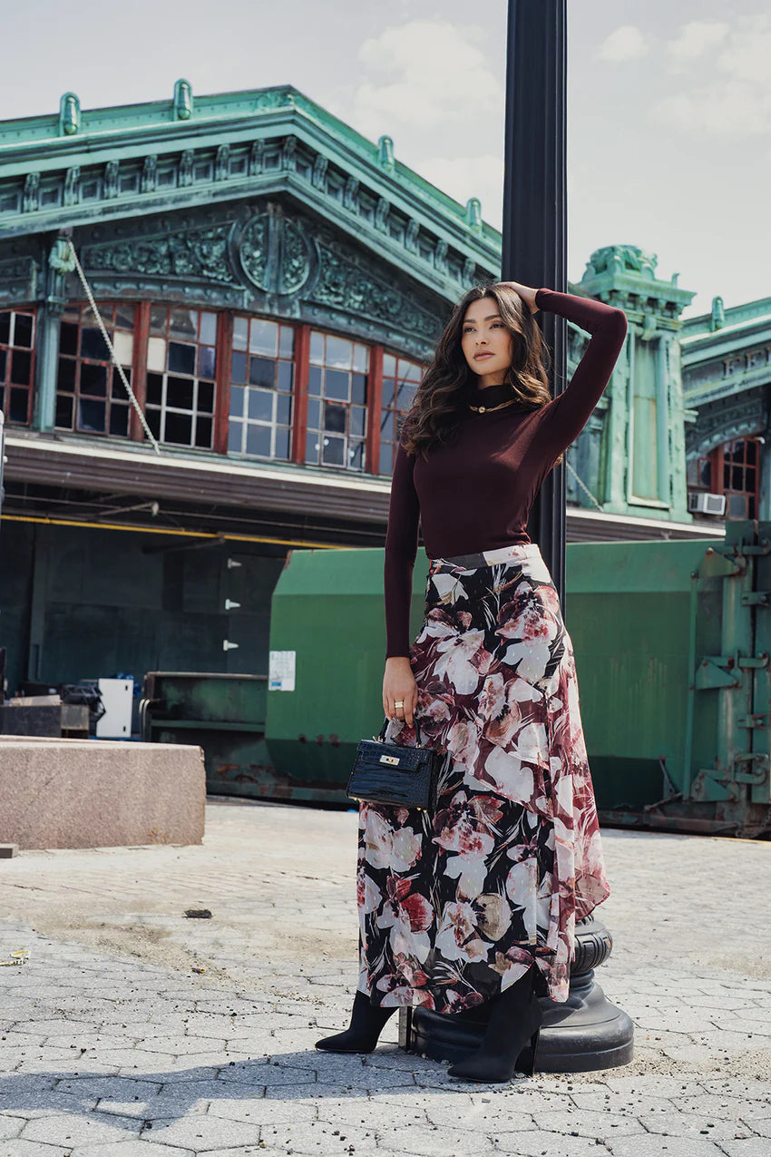 FLORAL ROSE RUFFLE MIDI SKIRT