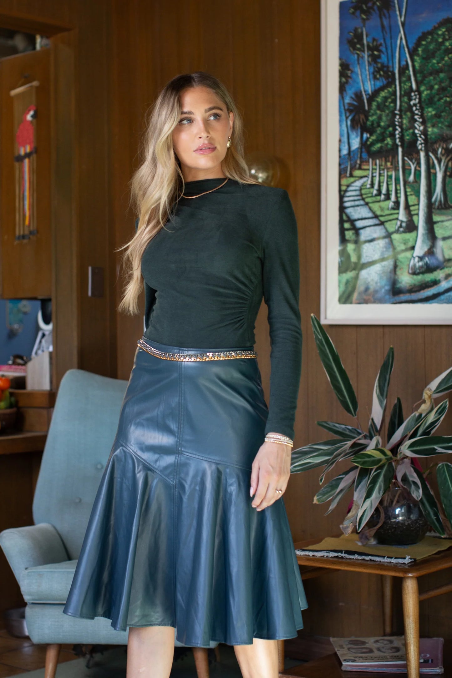 DEEP TEAL DROP HEM LEATHER SKIRT