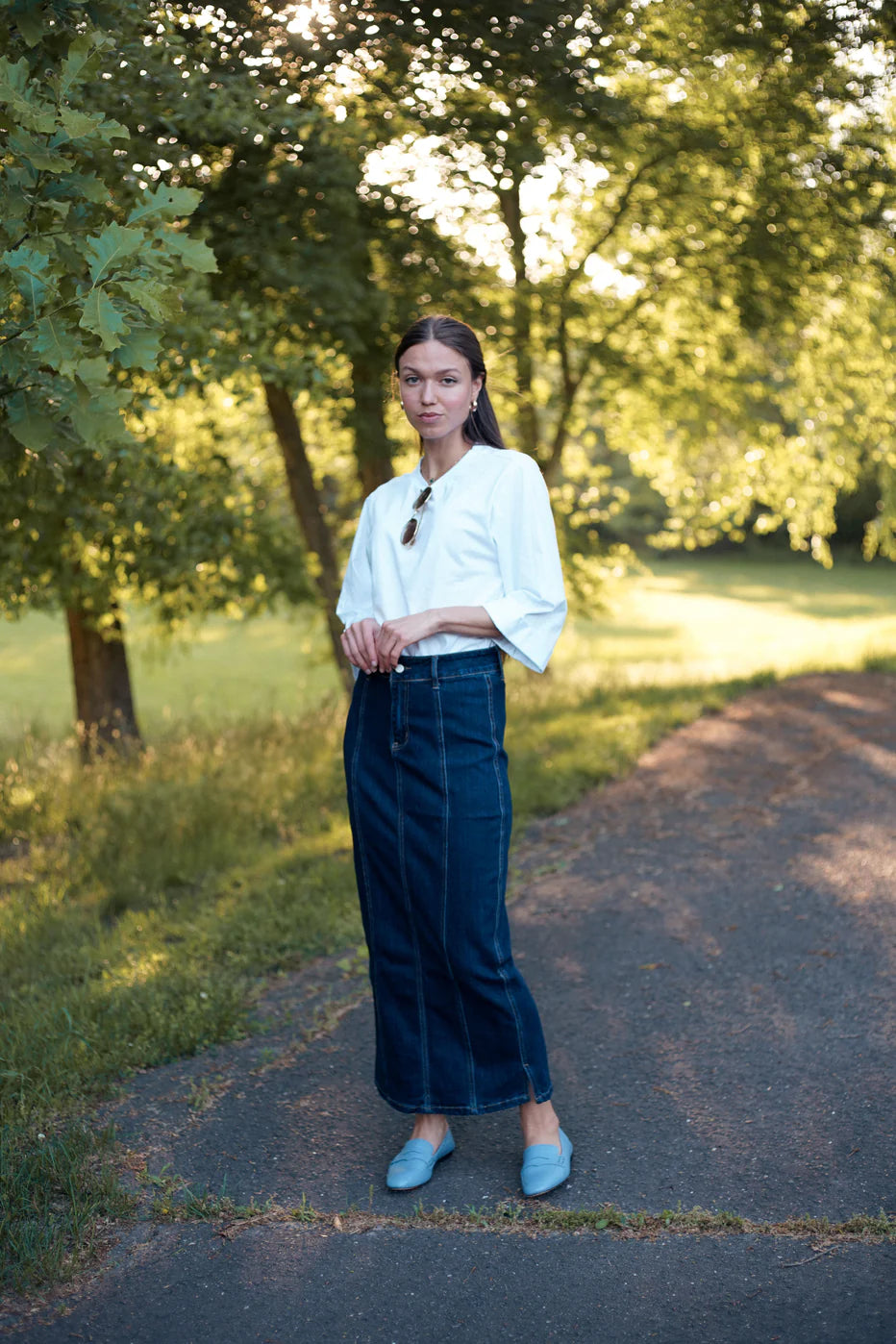 BLUE PANEL STRETCHY DENIM SKIRT