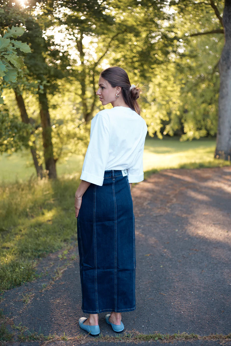 BLUE PANEL STRETCHY DENIM SKIRT