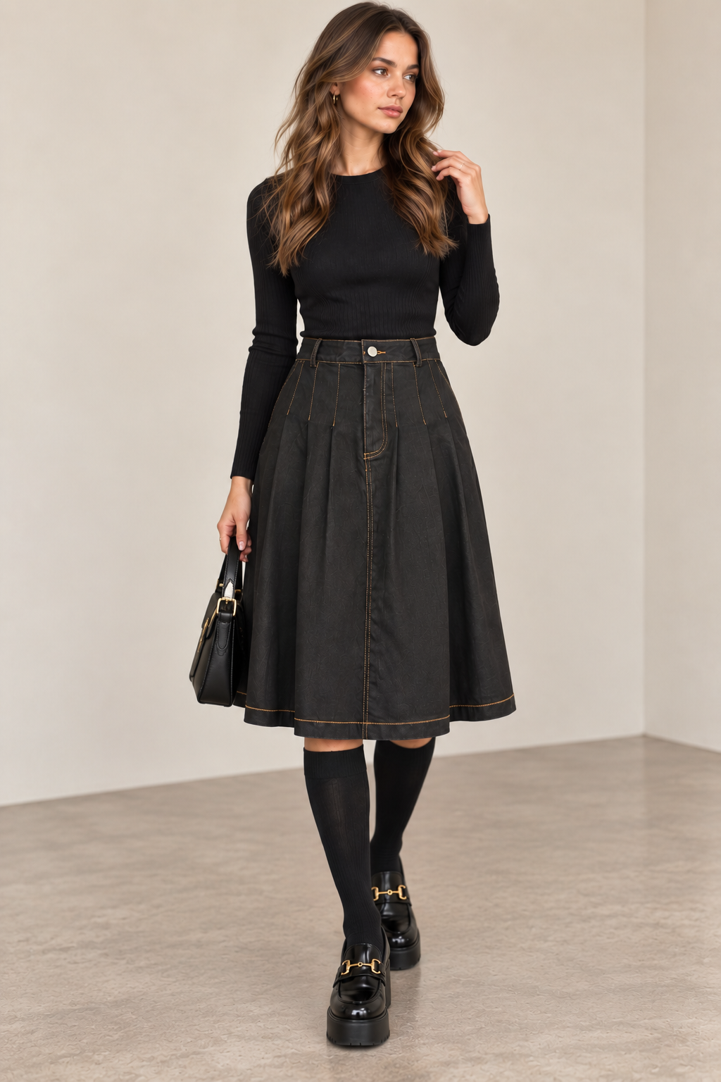 PLEATED DENIM SKIRT AVAILABLE IN 2 COLORS